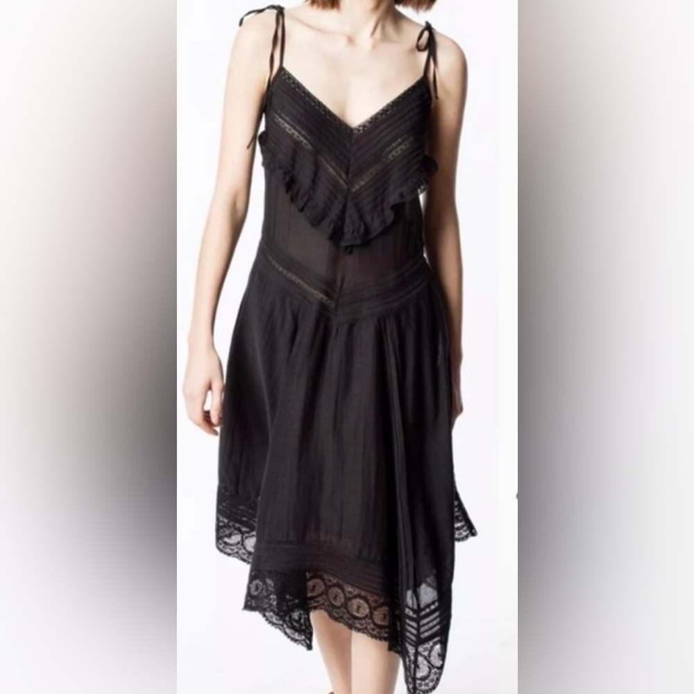 Zadig & Voltaire Black Midi, Ruffles and Lace, Summer Dress